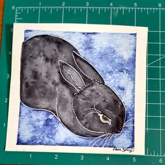 Original art: Black Bunny watercolor with real minerals that glitters art ooak - Picture 4 of 4